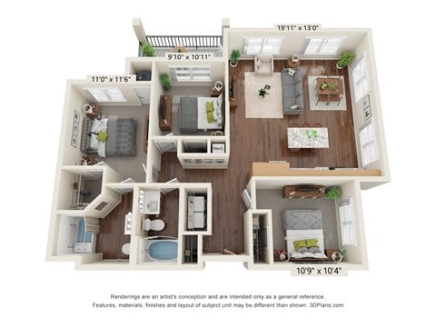 Floor plan for 3 beds, 2 baths, 1144 sqft